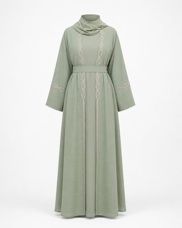 Zohroze Sage Green Mirror Work Open Abaya