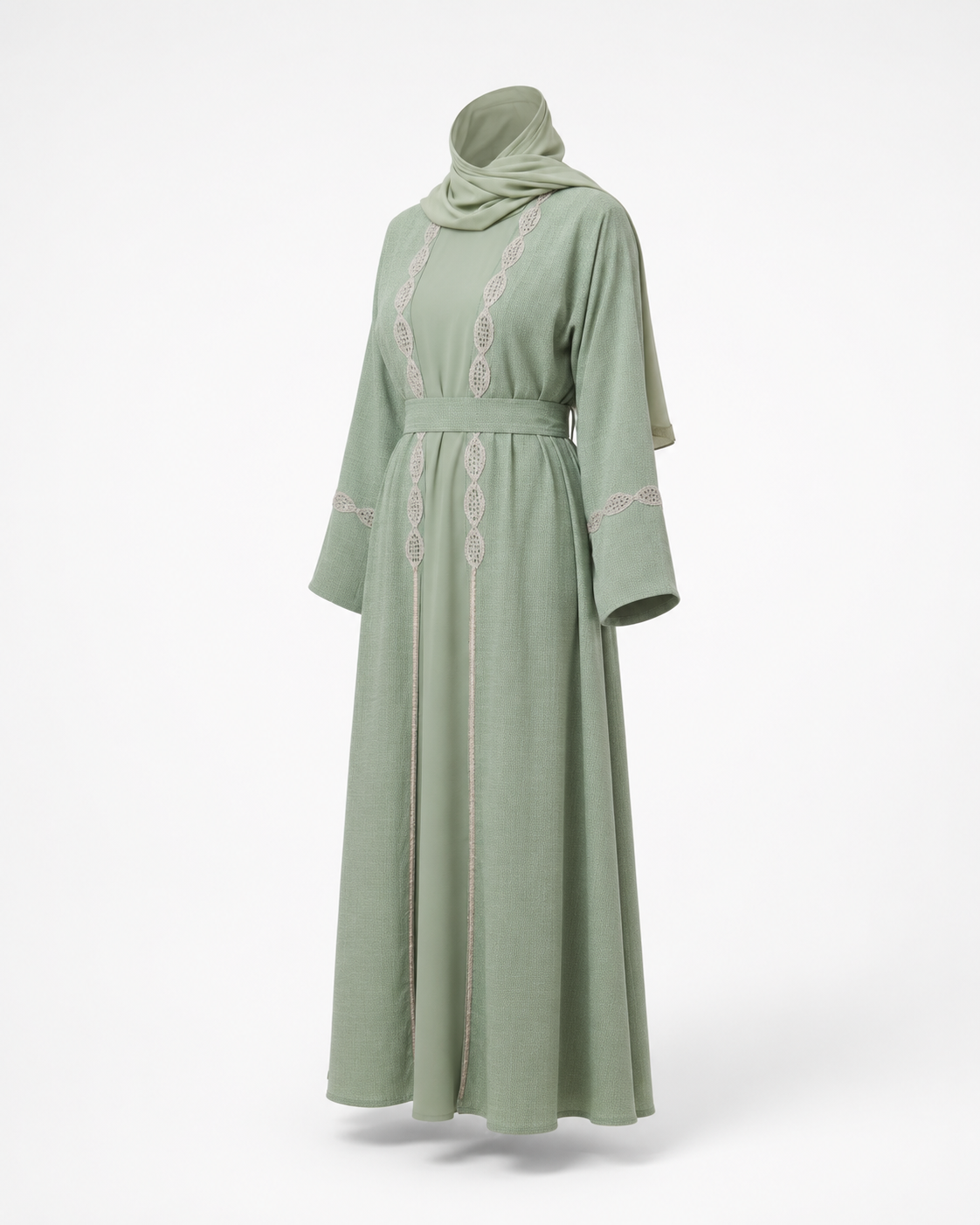 Zohroze Sage Green Mirror Work Open Abaya