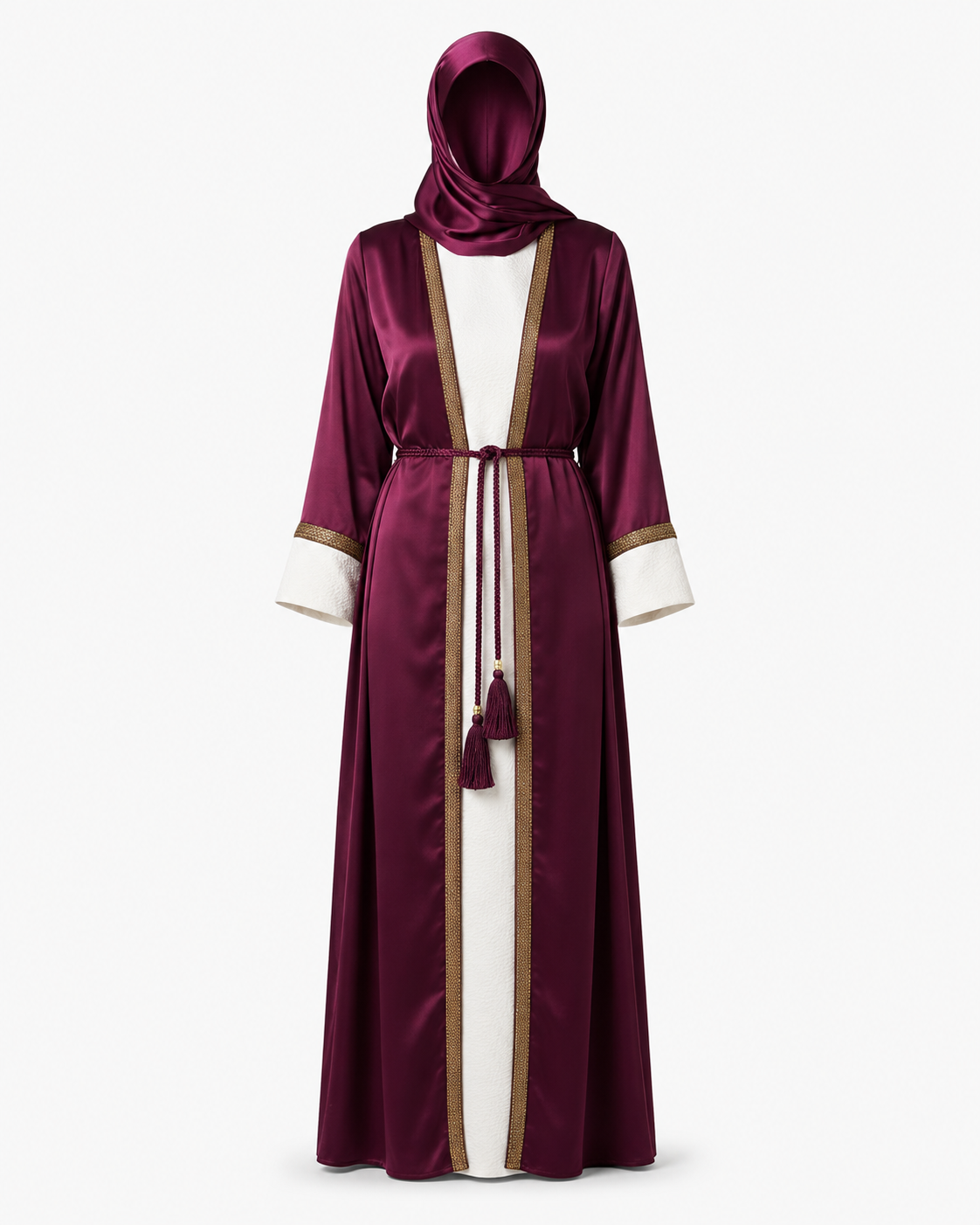 Zohroze Wine Satin Abaya with Gold Piping