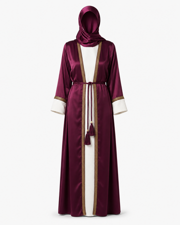 Zohroze Wine Satin Abaya with Gold Piping