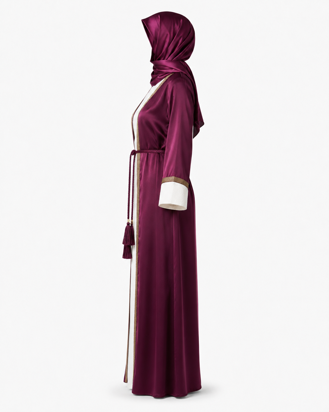 Zohroze Wine Satin Abaya with Gold Piping