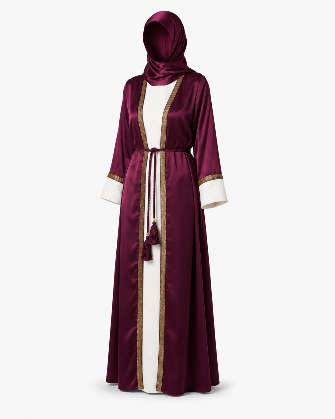 Zohroze Wine Satin Abaya with Gold Piping