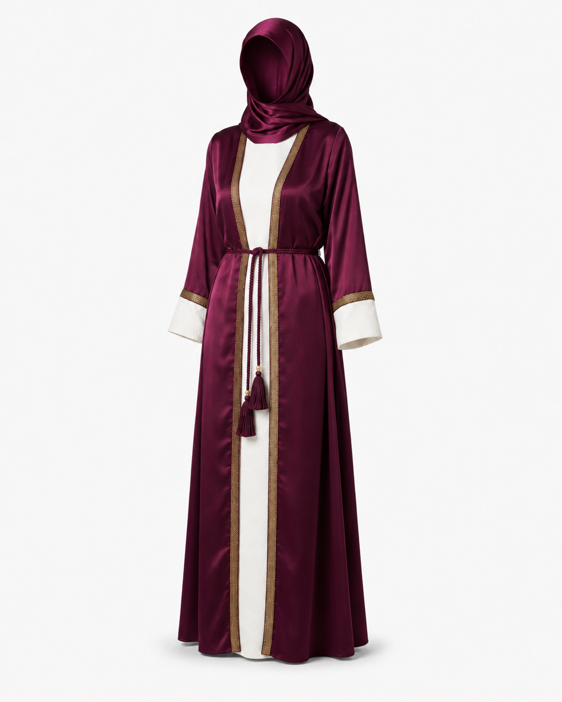Zohroze Wine Satin Abaya with Gold Piping