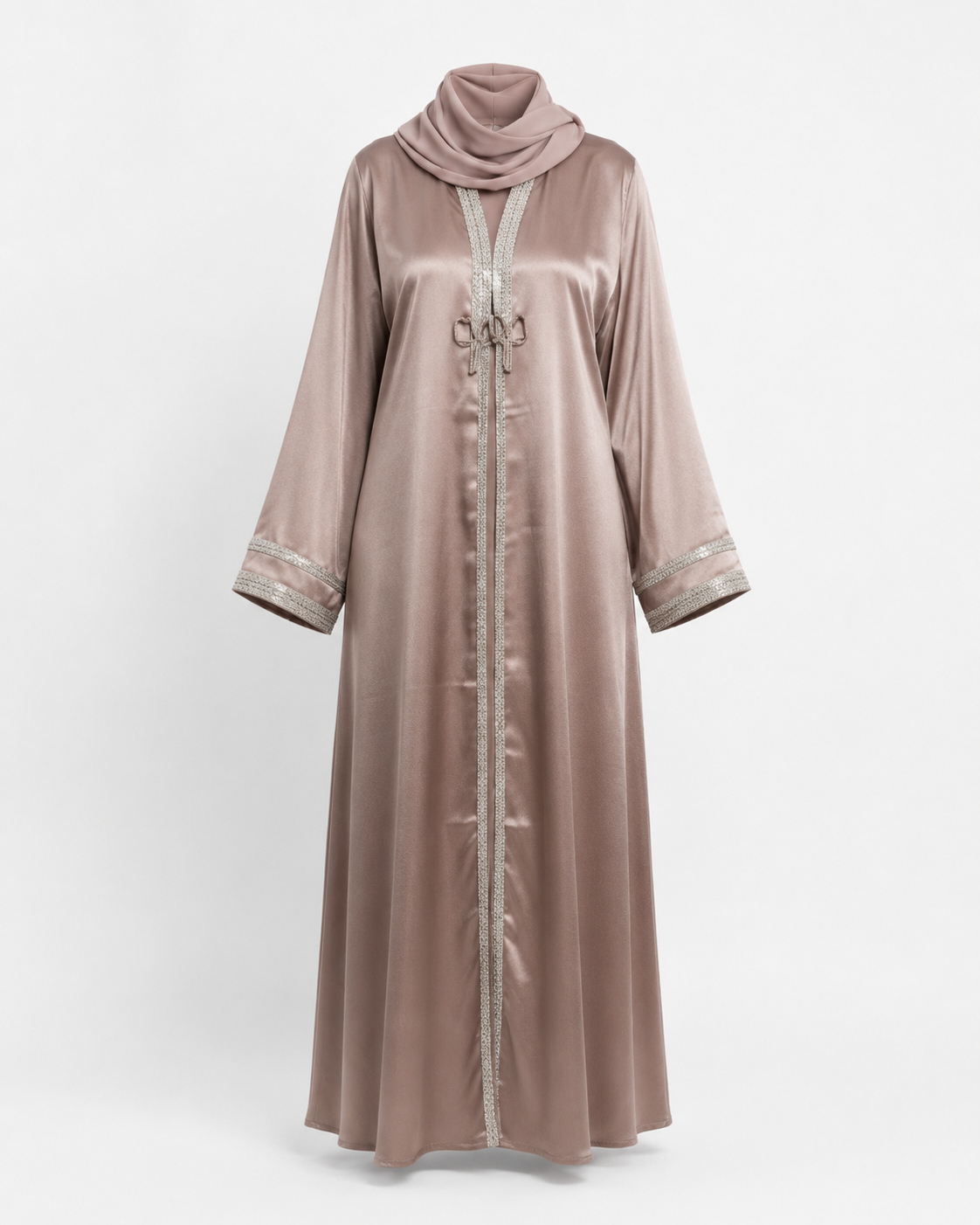 Zohroze Taupe Satin Open Abaya with Silver Embellished Trim