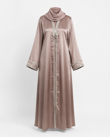 Zohroze Taupe Satin Open Abaya with Silver Embellished Trim