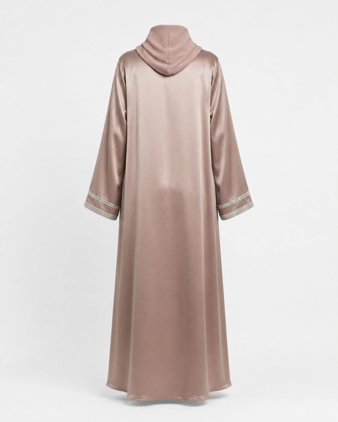 Zohroze Taupe Satin Open Abaya with Silver Embellished Trim