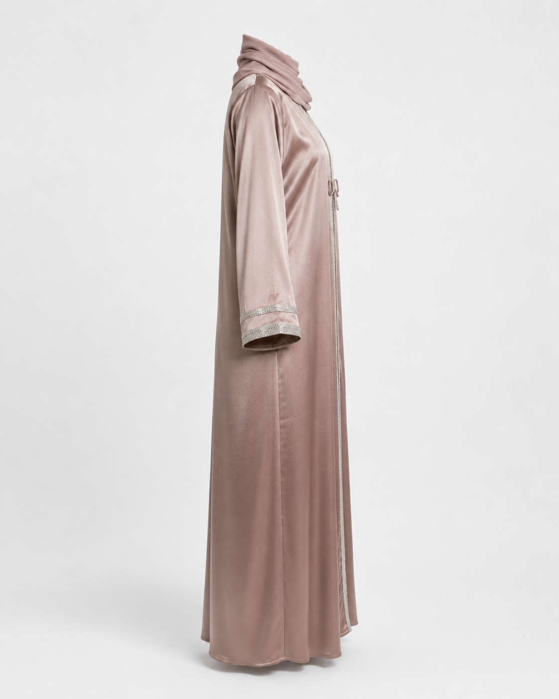 Zohroze Taupe Satin Open Abaya with Silver Embellished Trim