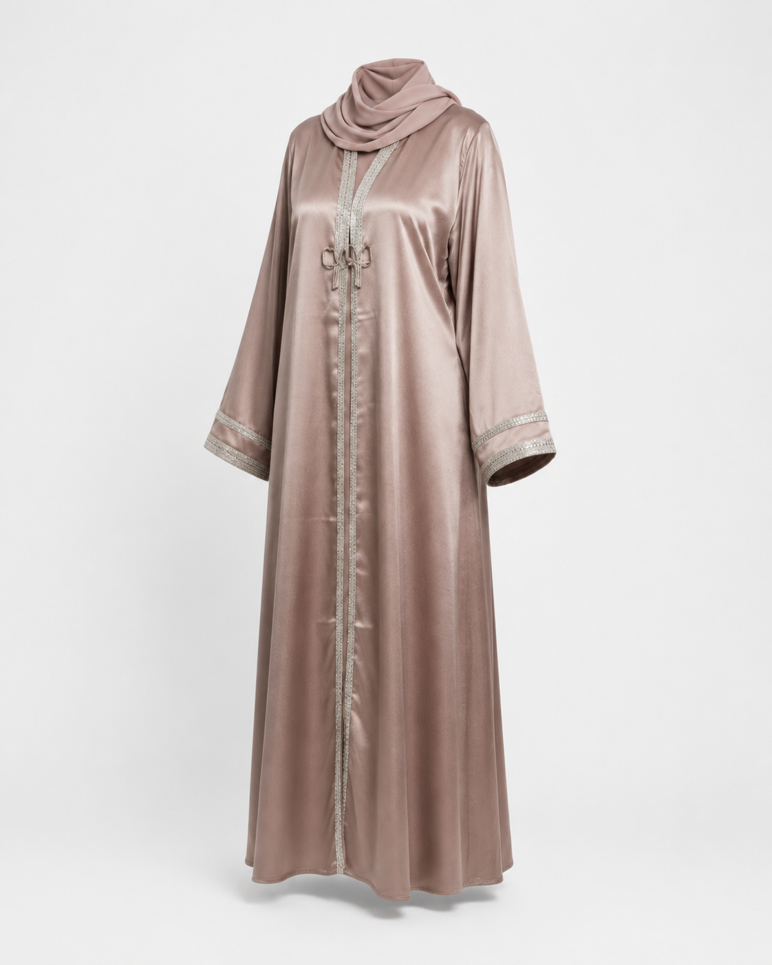 Zohroze Taupe Satin Open Abaya with Silver Embellished Trim