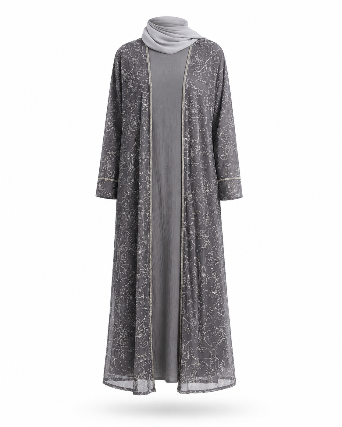 Zohroze Silver Grey Flora Sheer Kimono Abaya