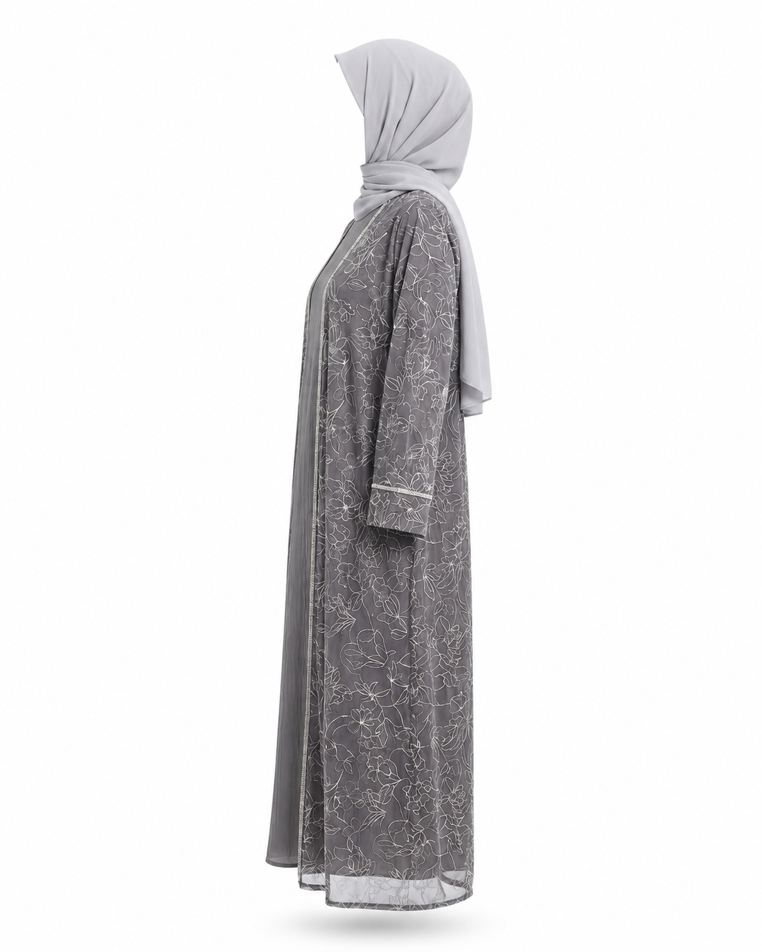Zohroze Silver Grey Flora Sheer Kimono Abaya