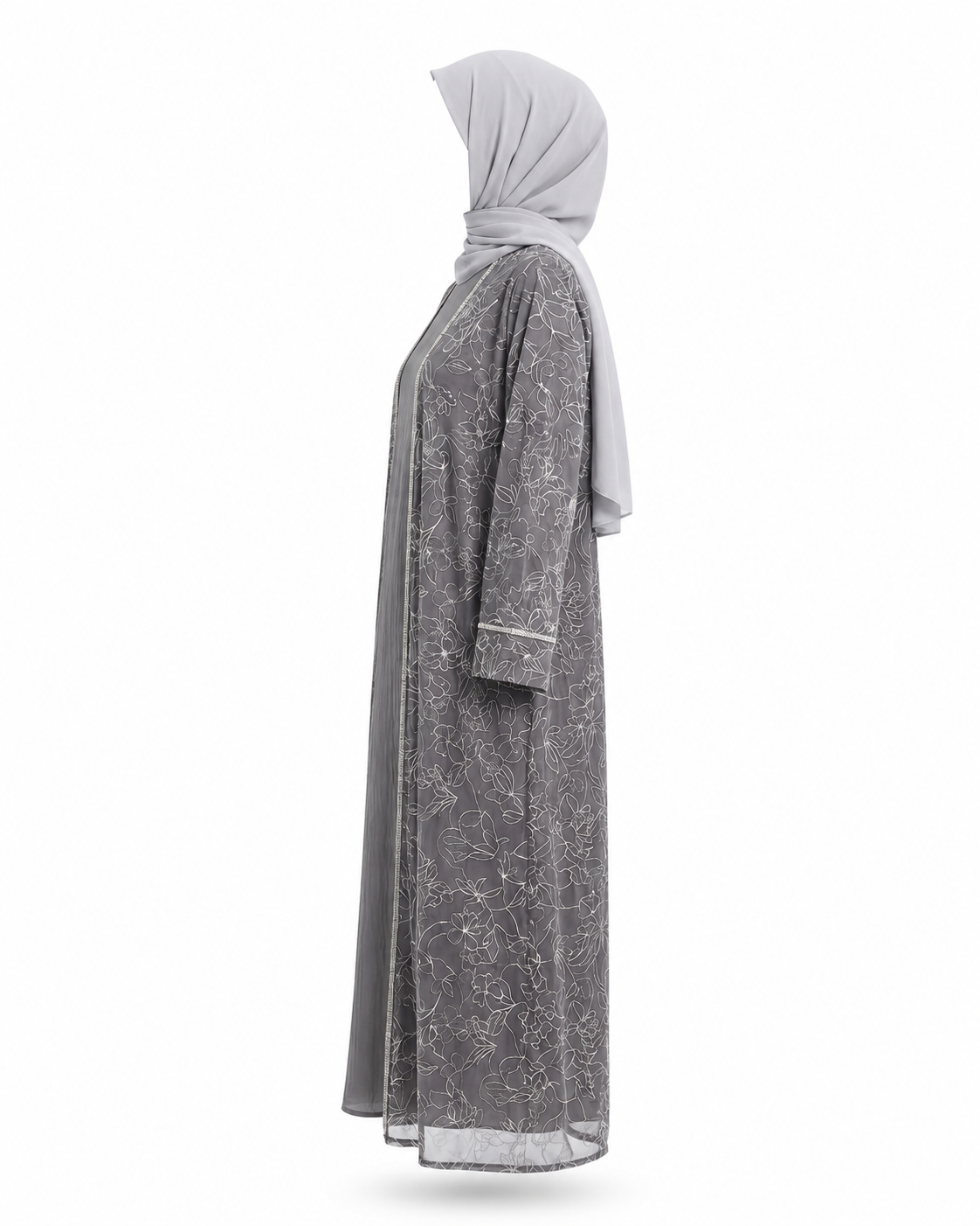 Zohroze Silver Grey Flora Sheer Kimono Abaya