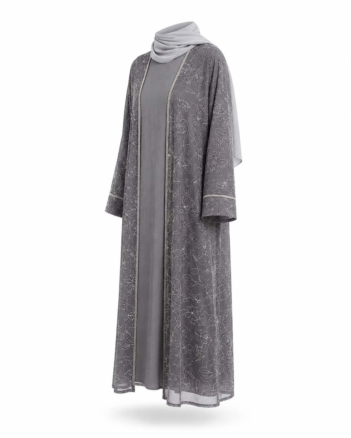Zohroze Silver Grey Flora Sheer Kimono Abaya