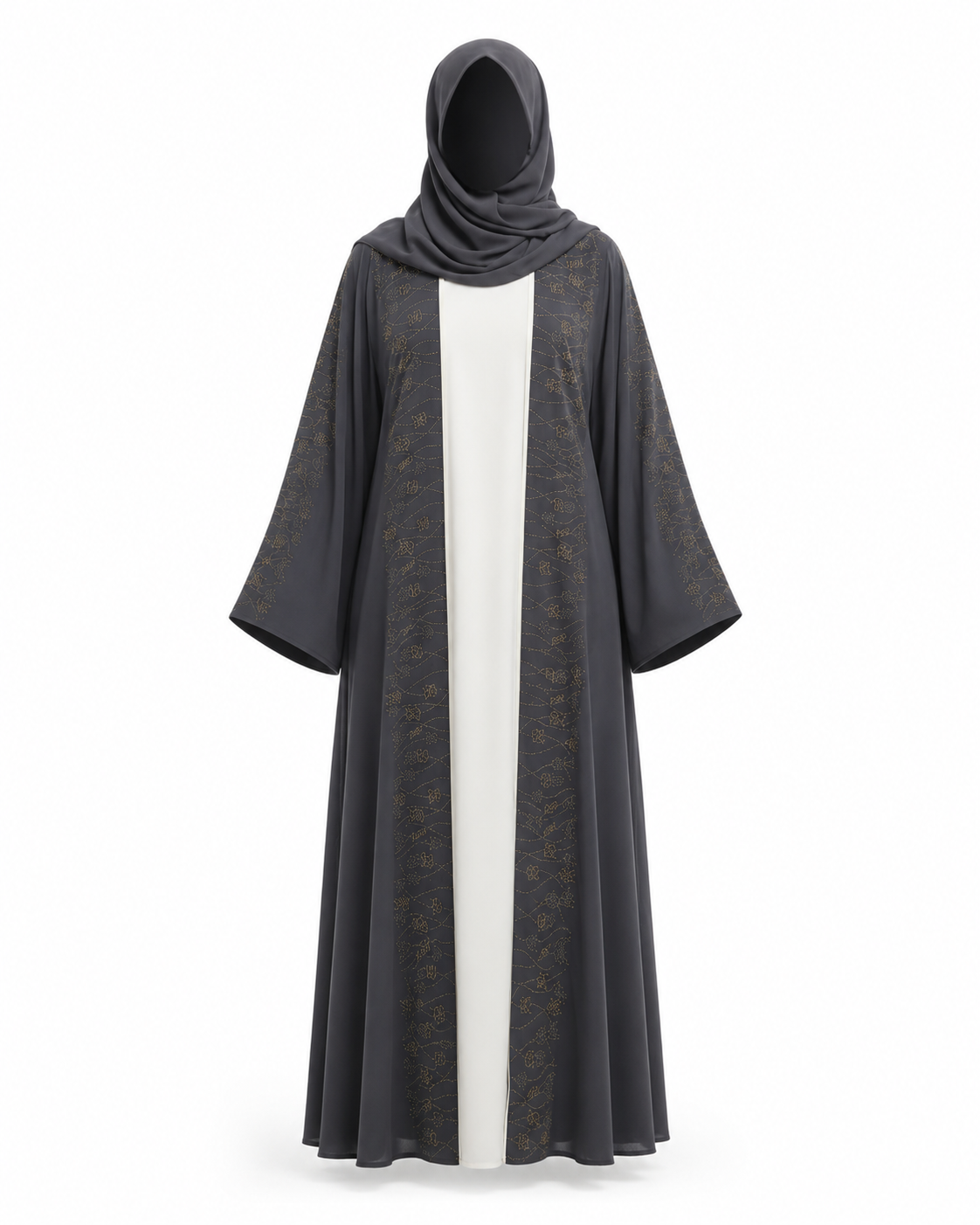 Zohroze Charcoal Gray Nida Open Front Abaya