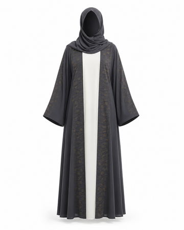 Zohroze Charcoal Gray Nida Open Front Abaya