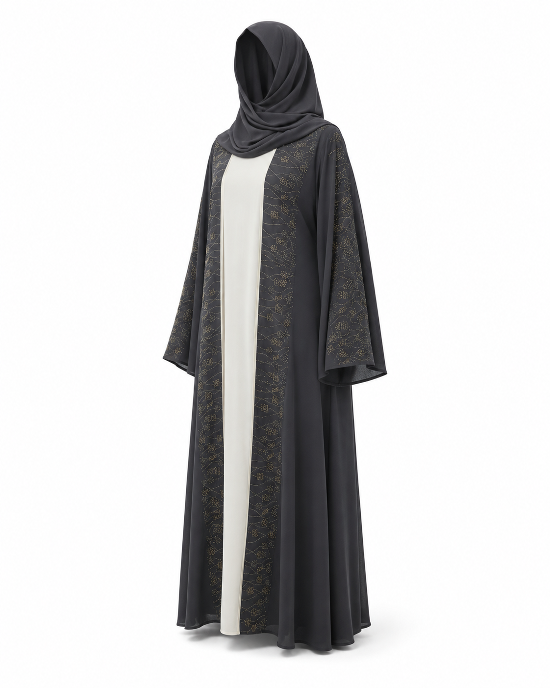 Zohroze Charcoal Gray Nida Open Front Abaya
