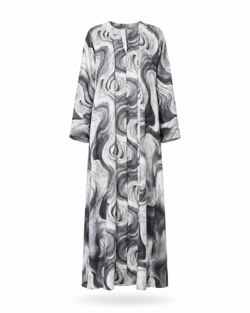 Zohroze Grey & White Swirl Satin Kimono Abaya