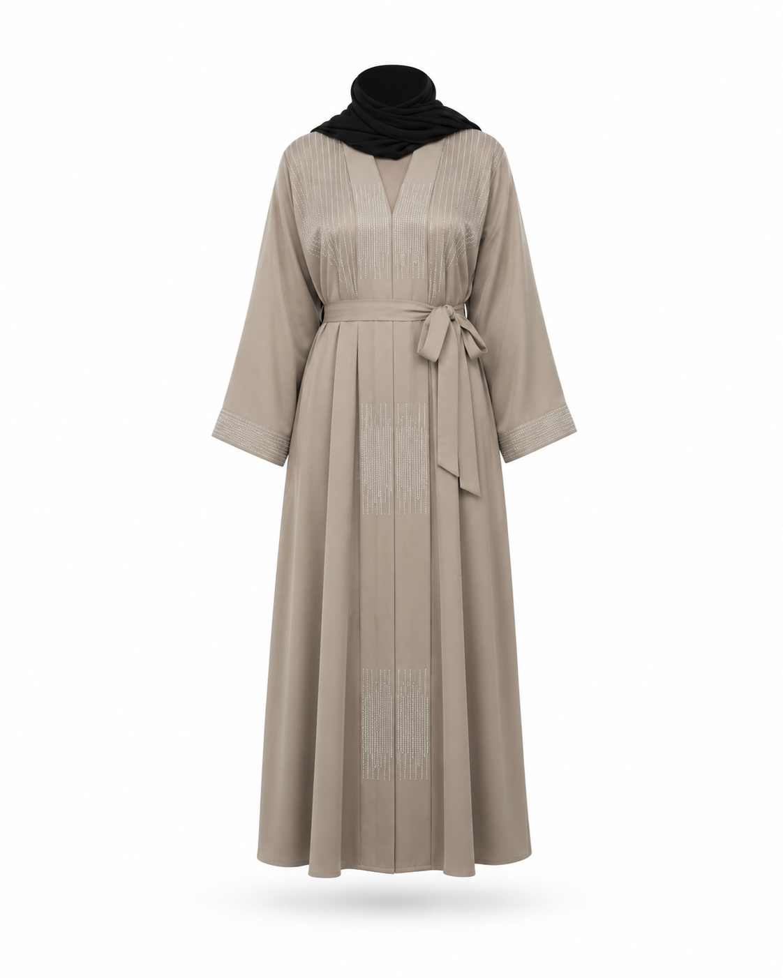 Zohroze Crystal Embellished Taupe Belted Abaya
