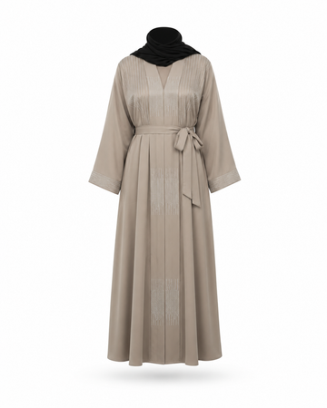 Zohroze Crystal Embellished Taupe Belted Abaya