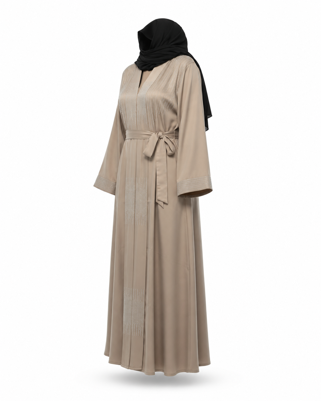 Zohroze Crystal Embellished Taupe Belted Abaya
