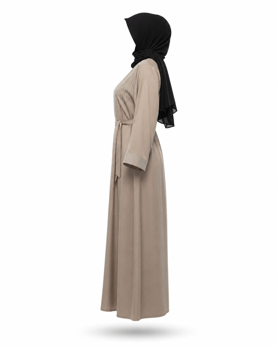 Zohroze Crystal Embellished Taupe Belted Abaya