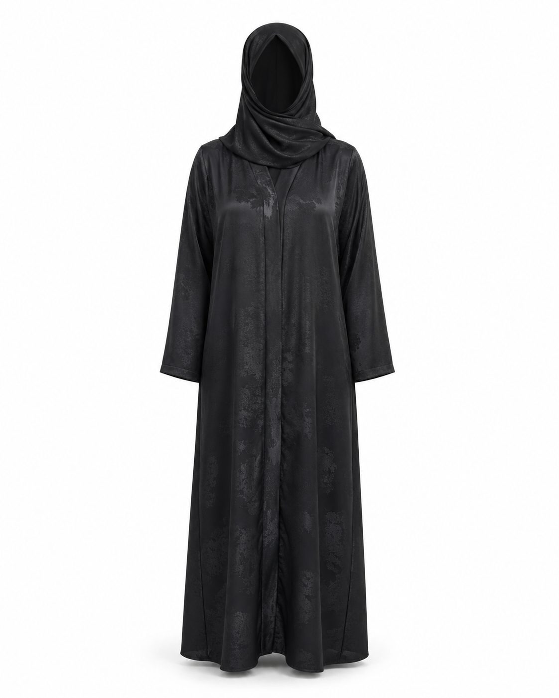 Zohroze Onyx Black Leaf Satin Open Abaya