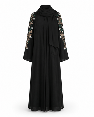 Zohroze Obsidian Noir Hand-Embroidered Open Abaya