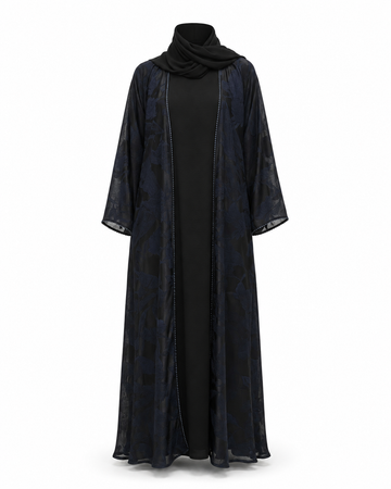 Zohroze Navy & Charcoal Marble Print Open Abaya