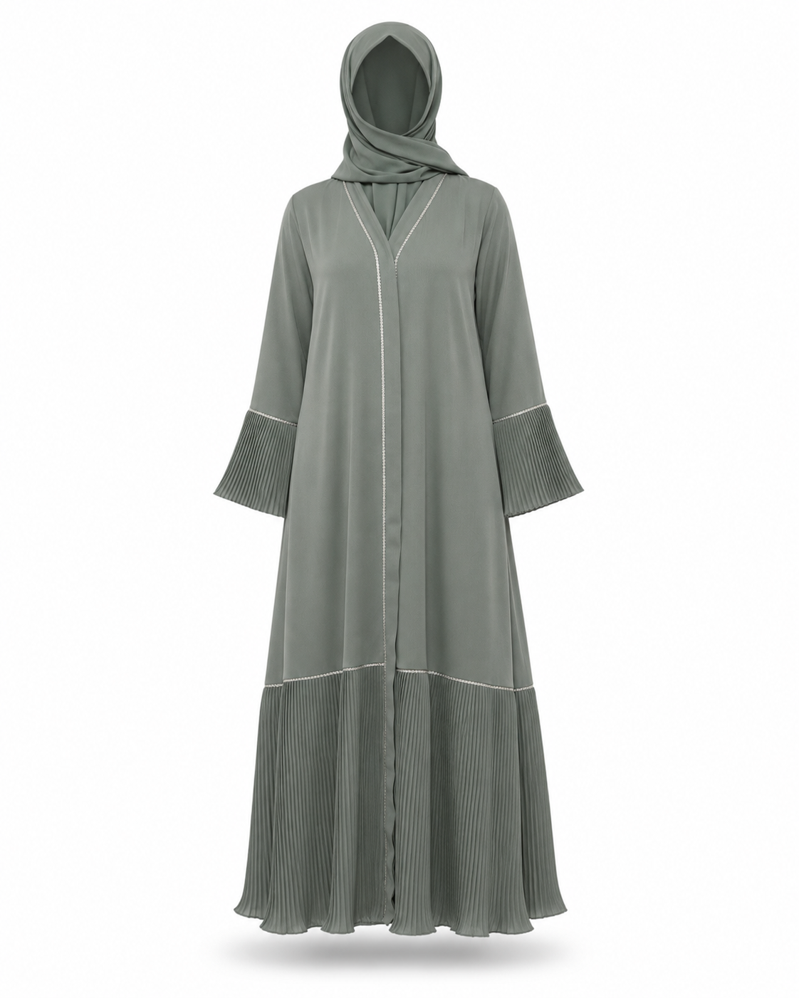 Zohroze Sage Green Pleated Abaya with Silver Piped V-Neck