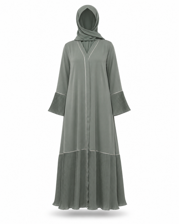 Zohroze Sage Green Pleated Abaya with Silver Piped V-Neck
