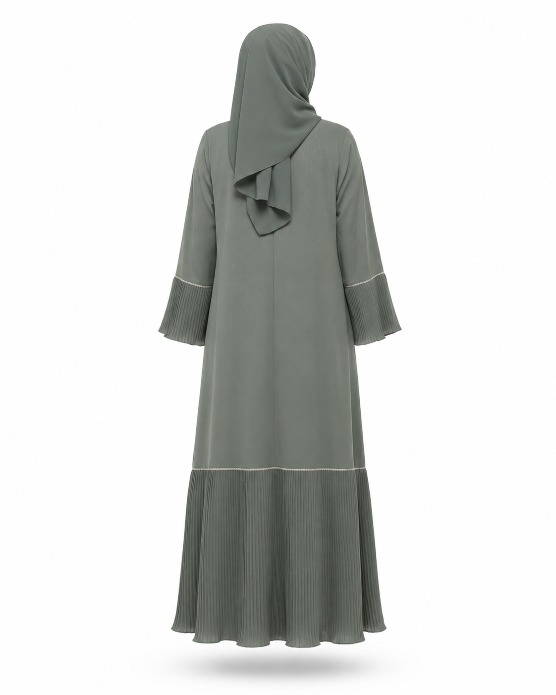 Zohroze Sage Green Pleated Abaya with Silver Piped V-Neck
