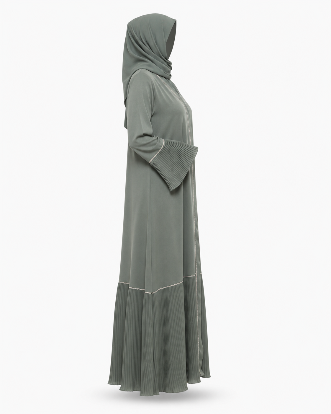 Zohroze Sage Green Pleated Abaya with Silver Piped V-Neck