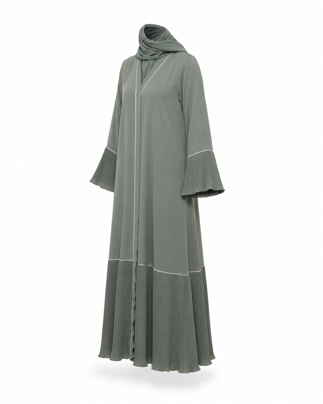Zohroze Sage Green Pleated Abaya with Silver Piped V-Neck