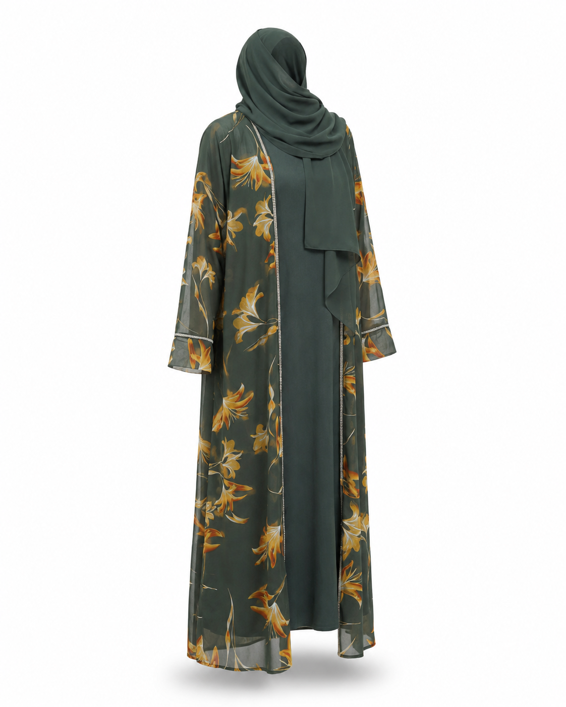Zohroze Sage Bloom Sheer Floral Kimono Abaya