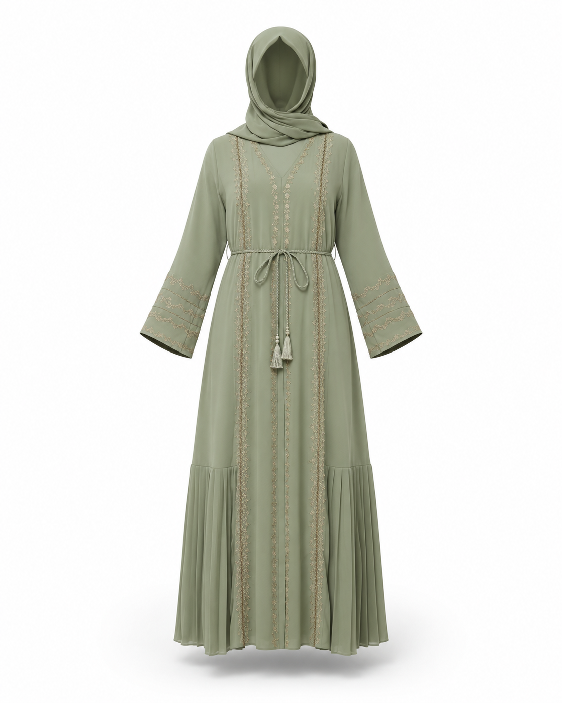Zohroze Pistachio Green Embroidered Nida Abaya