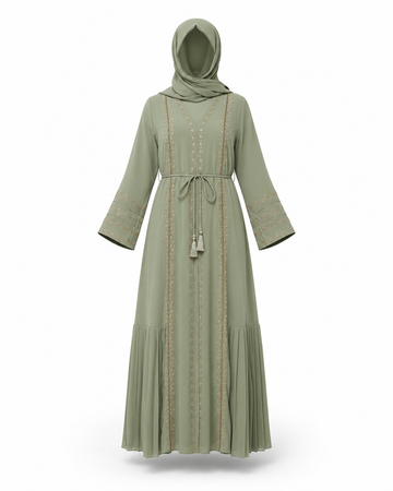 Zohroze Pistachio Green Embroidered Nida Abaya