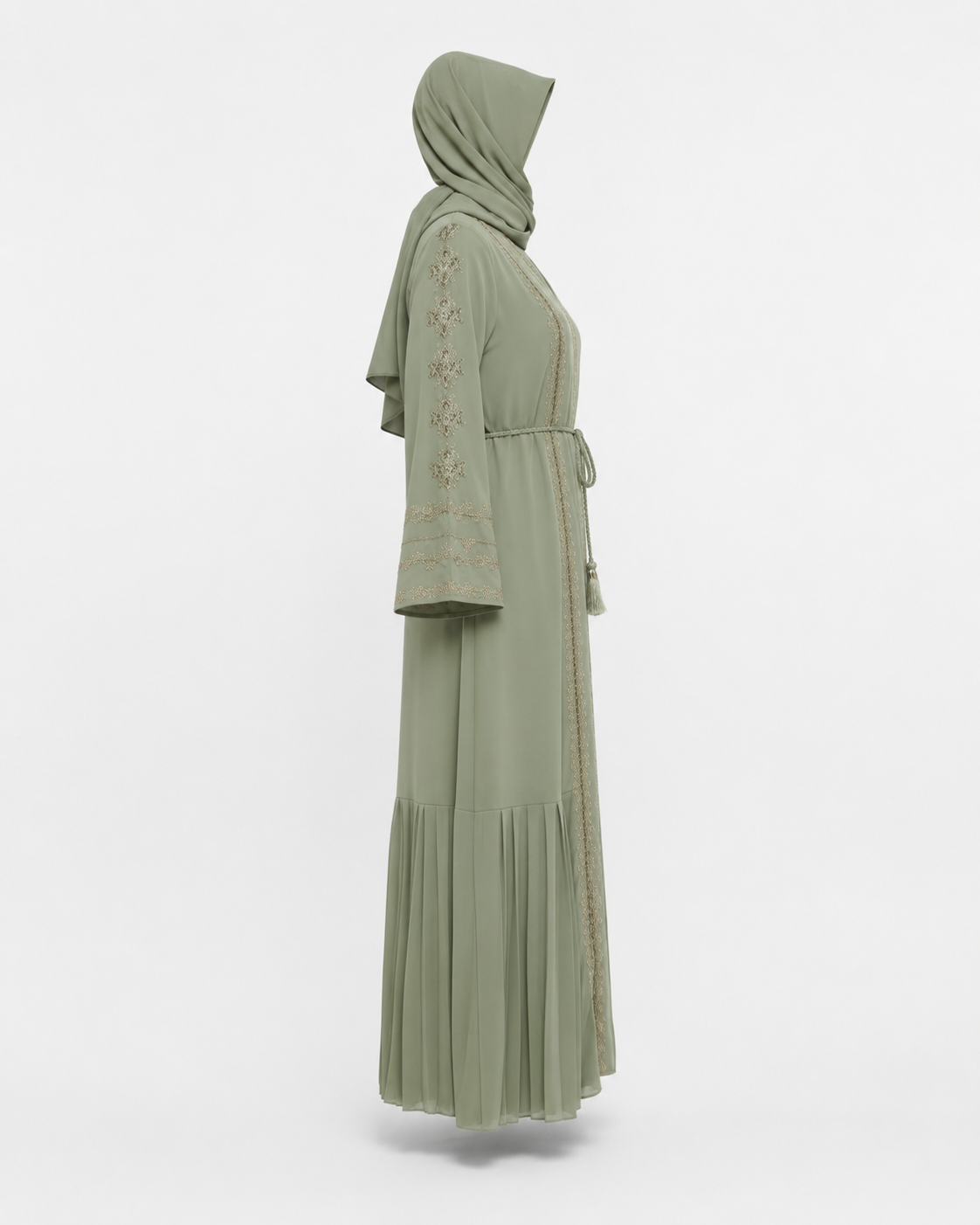 Zohroze Pistachio Green Embroidered Nida Abaya
