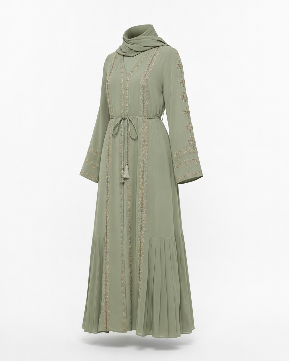 Zohroze Pistachio Green Embroidered Nida Abaya