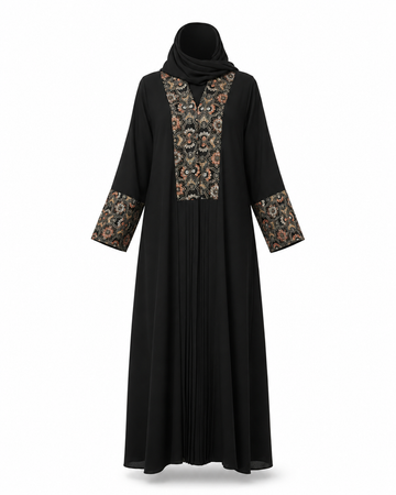 Zohroze Onyx Black Nida Abaya with Gold Baroque Embroidery