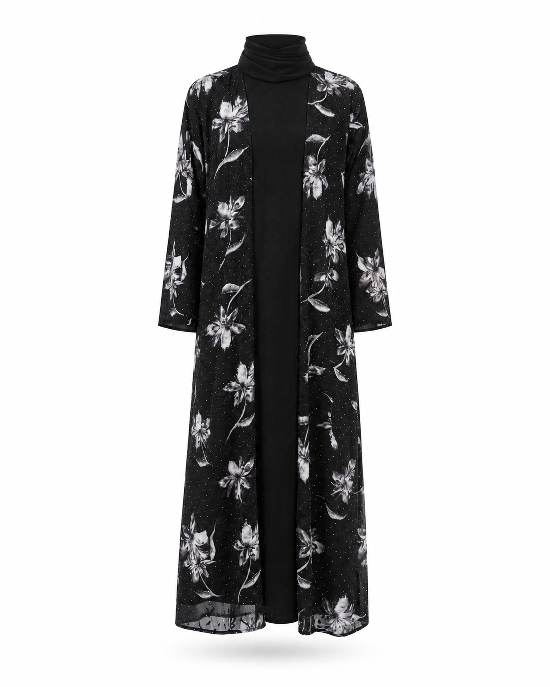 Zohroze Midnight Black & White Flora Sheer Kimono Abaya