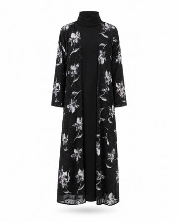 Zohroze Midnight Black & White Flora Sheer Kimono Abaya