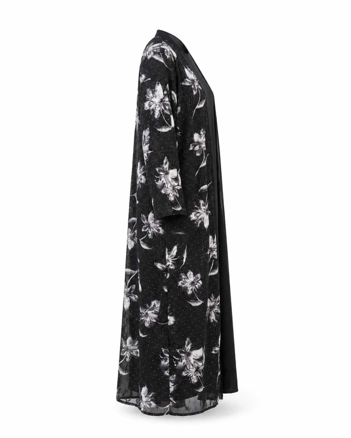 Zohroze Midnight Black & White Flora Sheer Kimono Abaya