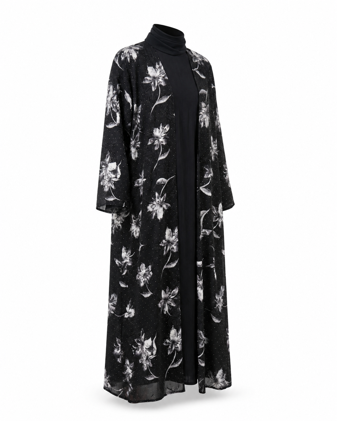 Zohroze Midnight Black & White Flora Sheer Kimono Abaya