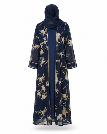 Zohroze Navy Bloom Sheer Floral Kimono Abaya
