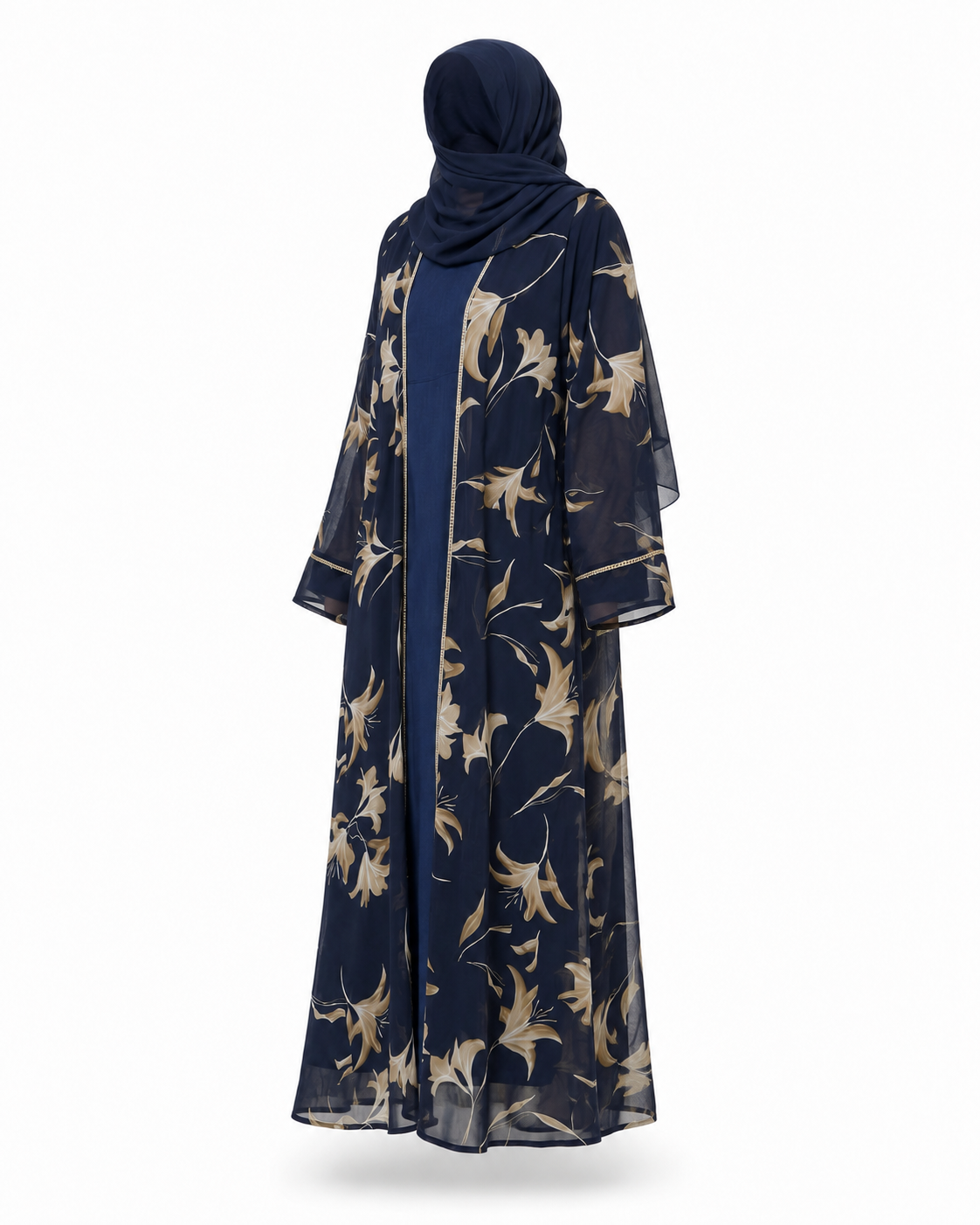 Zohroze Navy Bloom Sheer Floral Kimono Abaya