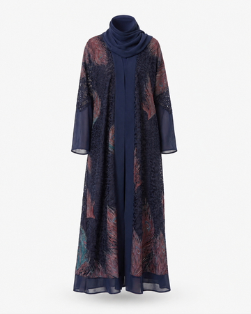 Zohroze Midnight Navy Sheer Chiffon Printed Abaya