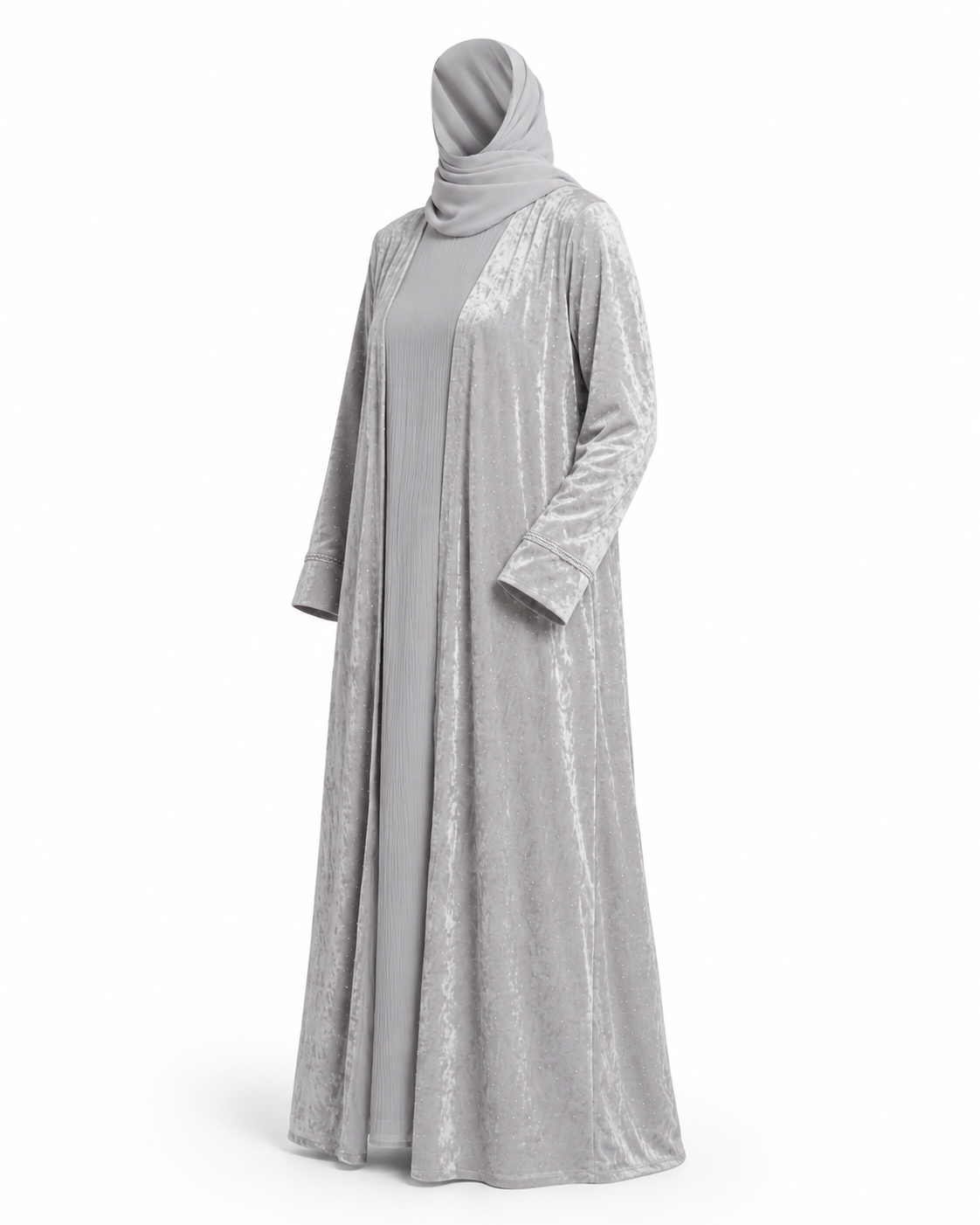 Zohroze Grey Mist Diamond Embellished Kimono Abaya