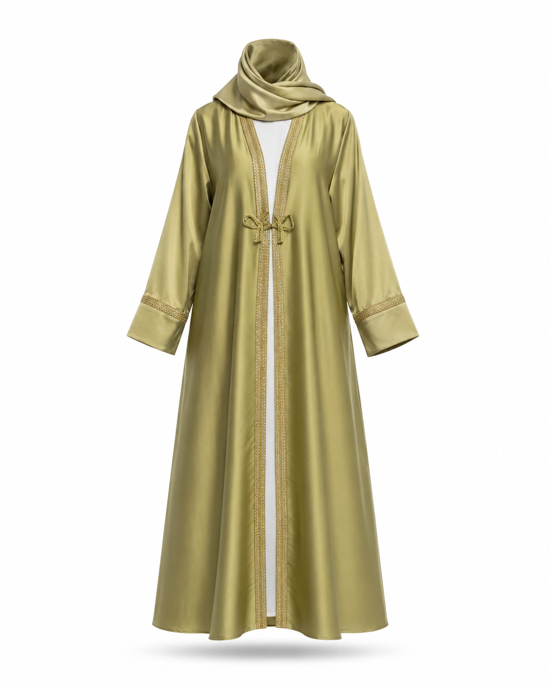 Zohroze Olive Satin Abaya with Gold Trim