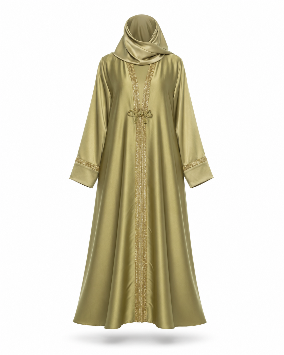 Zohroze Olive Satin Abaya with Gold Trim