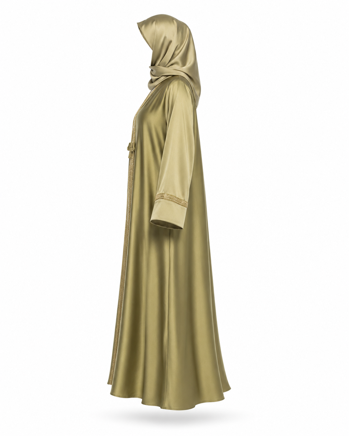 Zohroze Olive Satin Abaya with Gold Trim