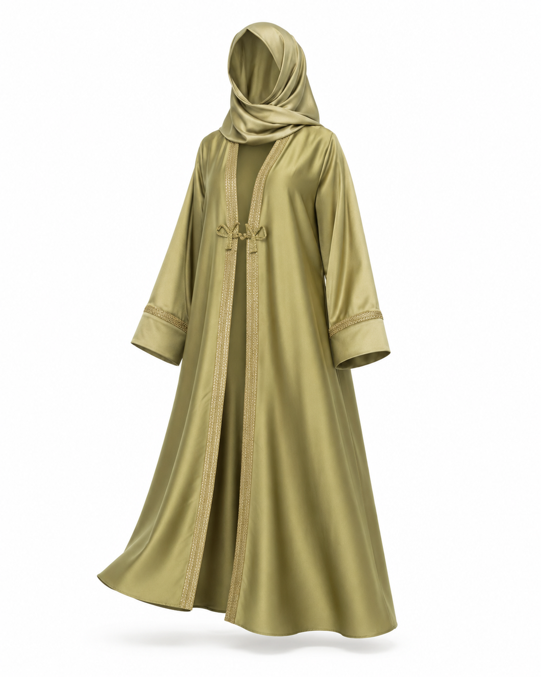 Zohroze Olive Satin Abaya with Gold Trim